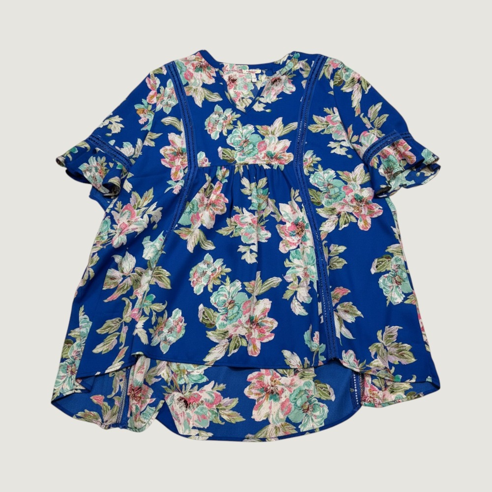 Jodifl Floral Babydoll Top Womens Large Blue Excellent Crochet Lace High Low